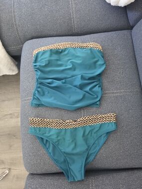 Teal Two-Piece Bikini with Gold Chain Trim